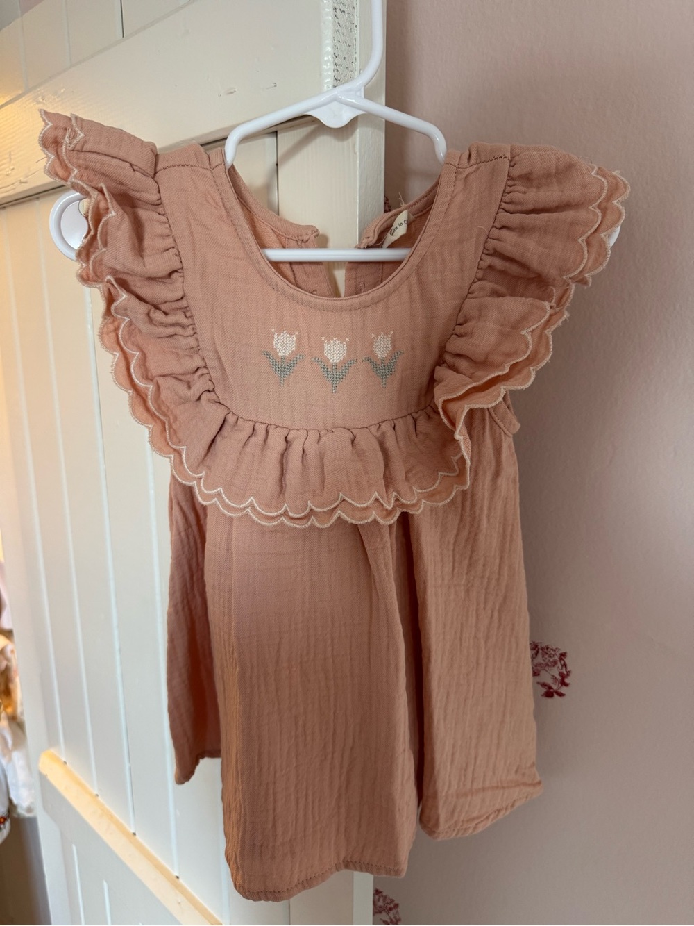 Quincy Mae Peach Ruffle Tank Top with Tulip Embroidery